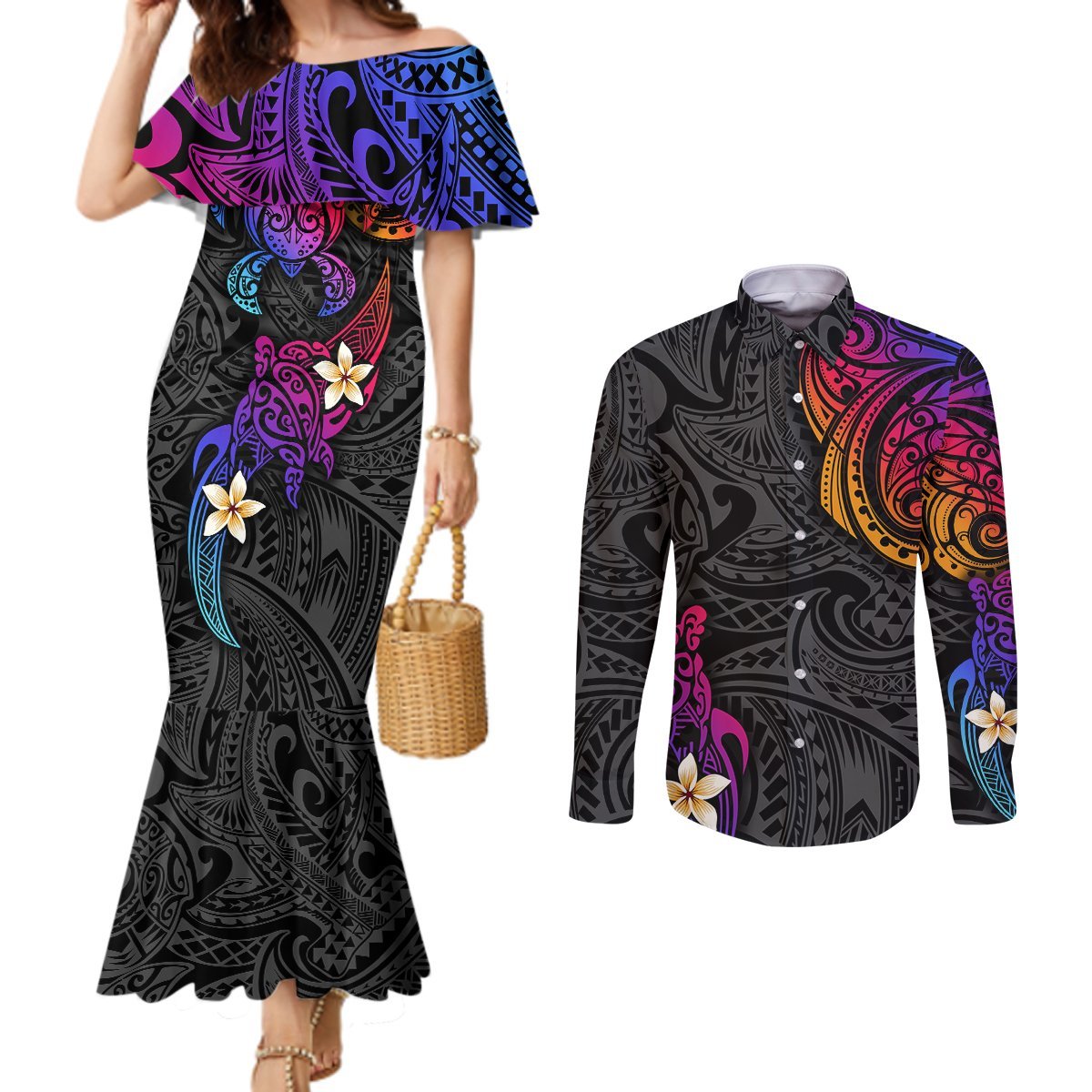 Turtle and Plumeria - Polynesian Couples Matching Mermaid Dress and Long Sleeve Button Shirts TS04 Gradient - Polynesian Pride