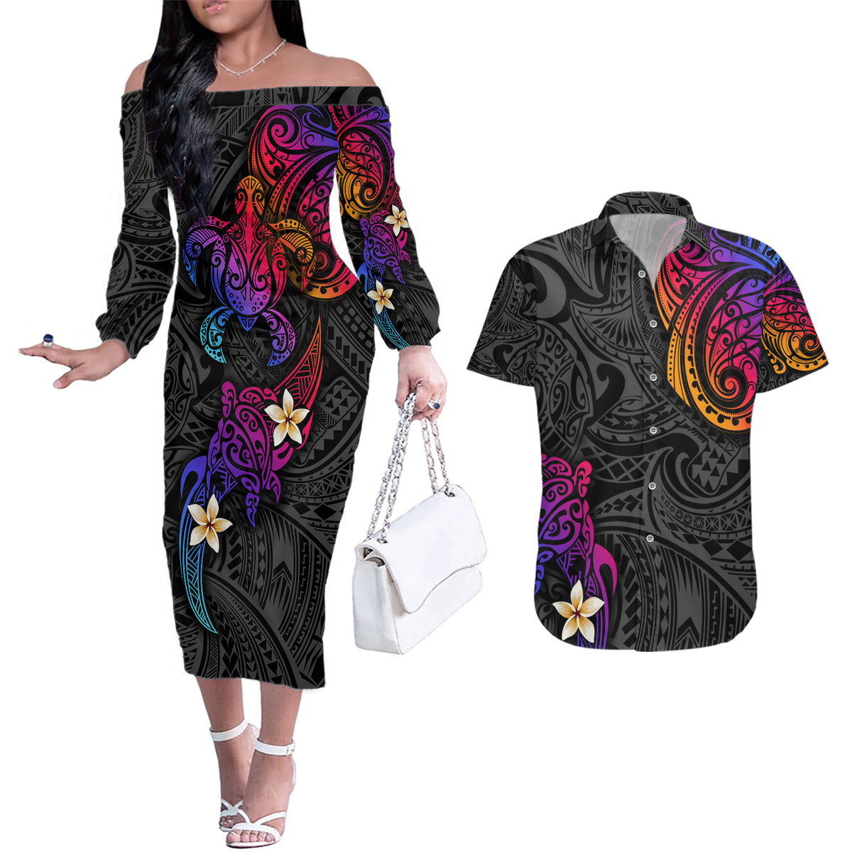 Turtle and Plumeria - Polynesian Couples Matching Off The Shoulder Long Sleeve Dress and Hawaiian Shirt TS04 Gradient - Polynesian Pride