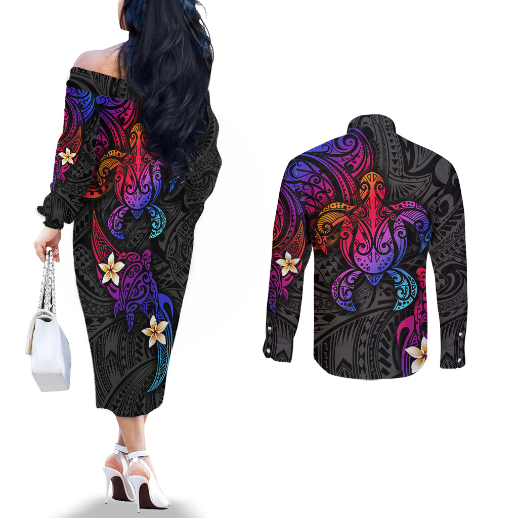 Turtle and Plumeria - Polynesian Couples Matching Off The Shoulder Long Sleeve Dress and Long Sleeve Button Shirts TS04 - Polynesian Pride