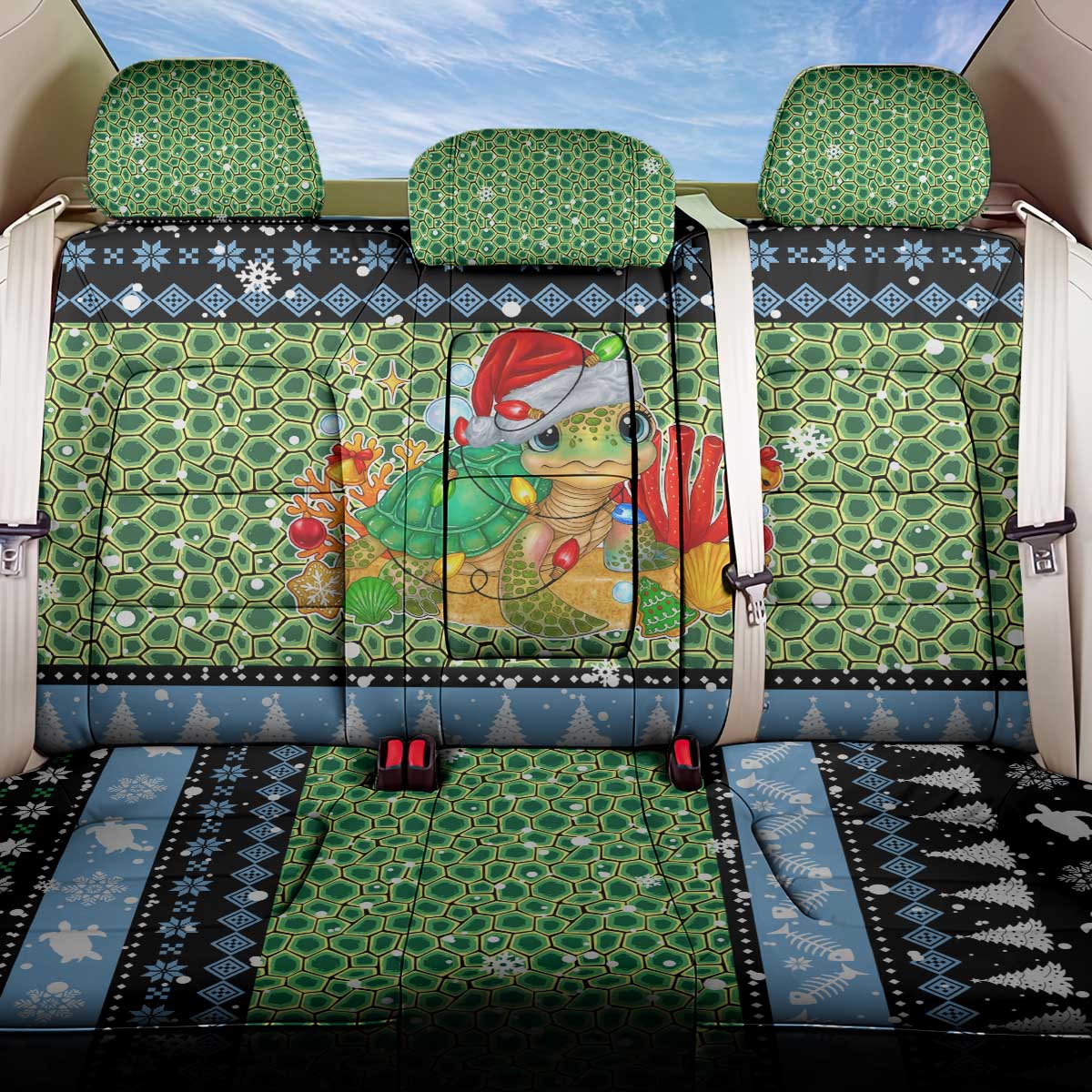 Micronesia Christmas Back Car Seat Cover with Santa Turtle Coral Reef and Holiday Ocean Pattern - Polynesian Pride