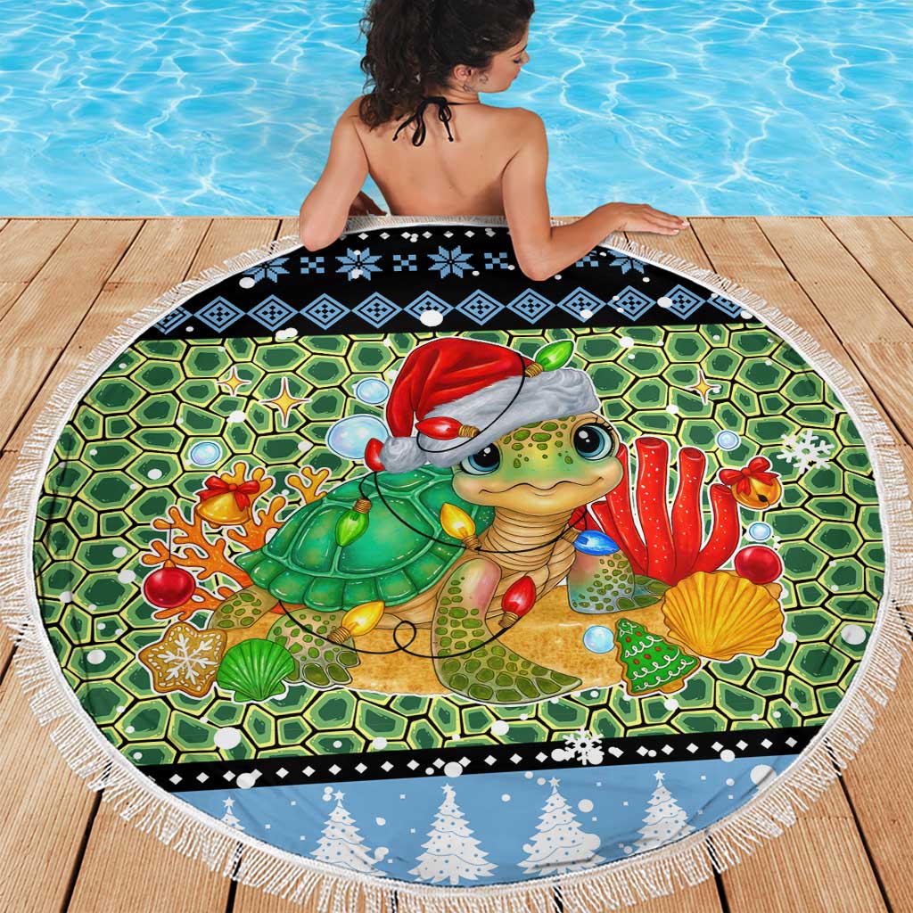 Micronesia Christmas Beach Blanket with Santa Turtle Coral Reef and Holiday Ocean Pattern - Polynesian Pride