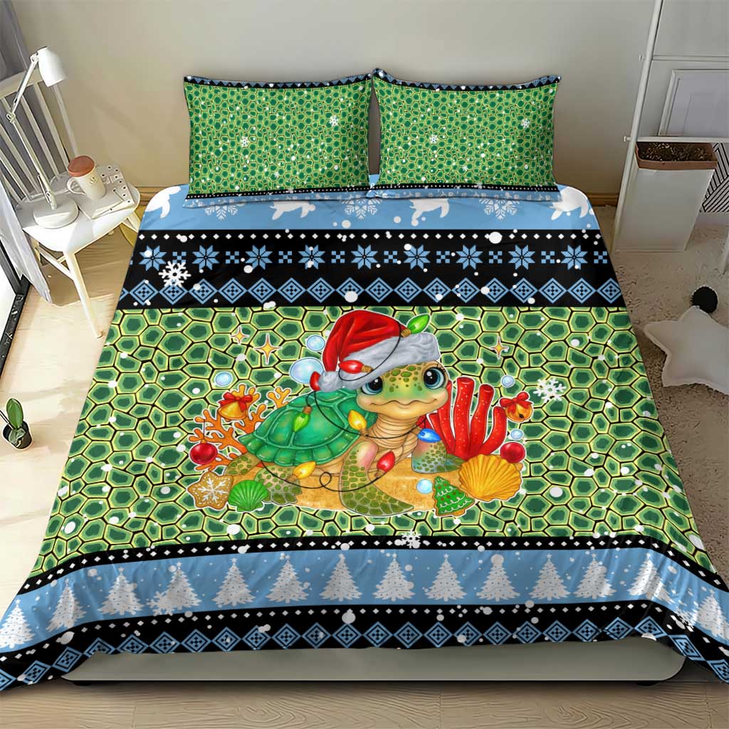 Micronesia Christmas Bedding Set with Santa Turtle Coral Reef and Holiday Ocean Pattern - Polynesian Pride