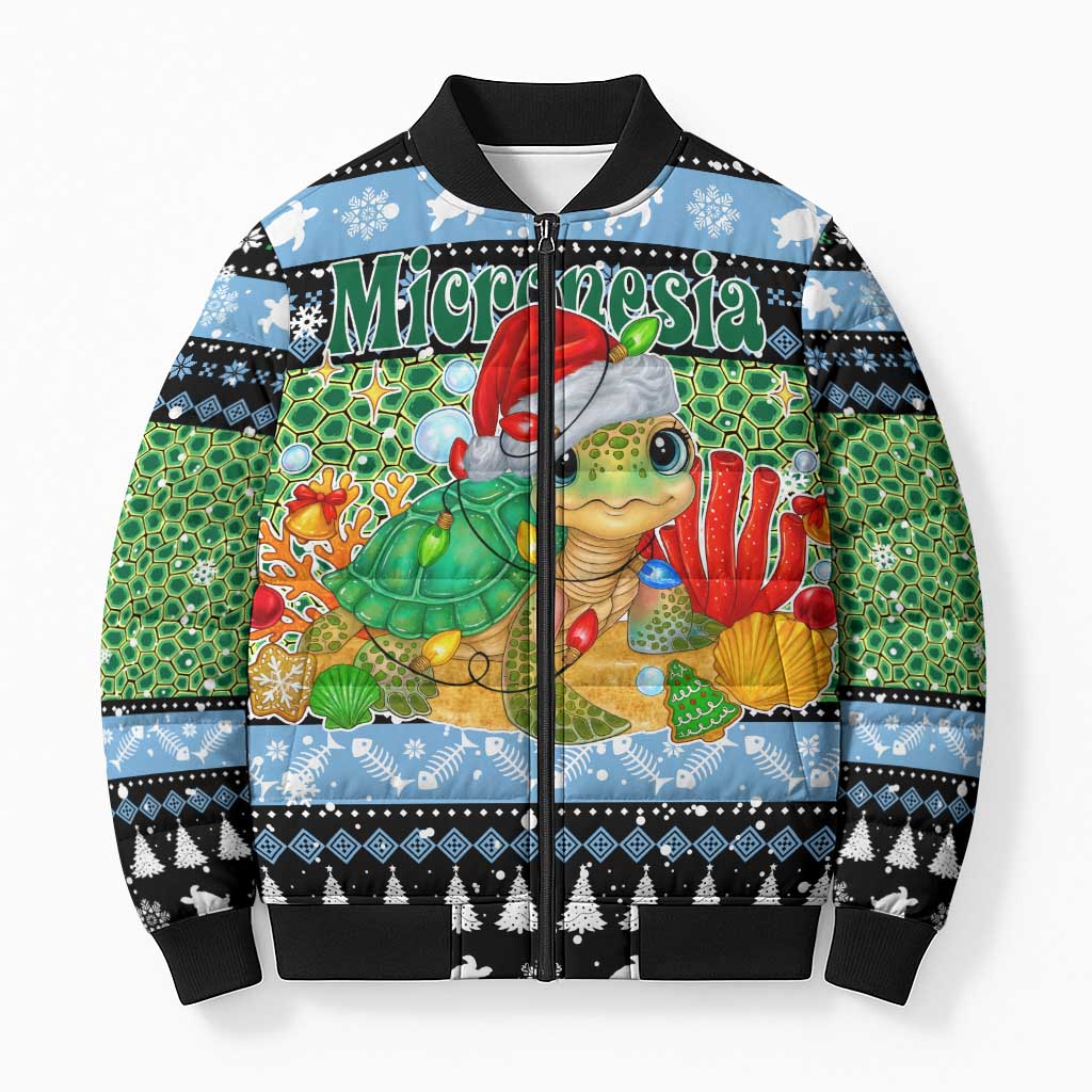 Micronesia Christmas Bomber Puffer Jacket with Santa Turtle Coral Reef and Holiday Ocean Pattern - Polynesian Pride