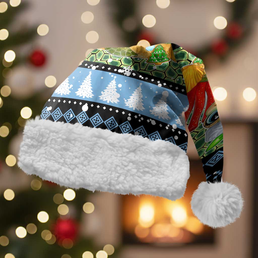 Micronesia Christmas Santa Hat with Santa Turtle Coral Reef and Holiday Ocean Pattern TS04 With Fur Black Green - Polynesian Pride
