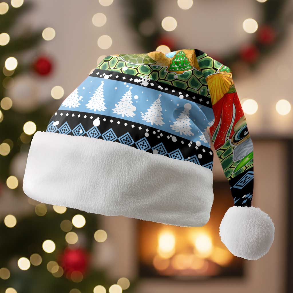 Micronesia Christmas Santa Hat with Santa Turtle Coral Reef and Holiday Ocean Pattern TS04 Without Fur Black Green - Polynesian Pride