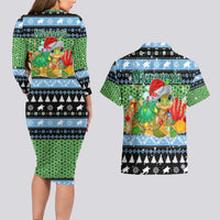 Micronesia Christmas Couples Matching Long Sleeve Bodycon Dress and Hawaiian Shirt with Santa Turtle Coral Reef and Holiday Ocean Pattern - Polynesian Pride
