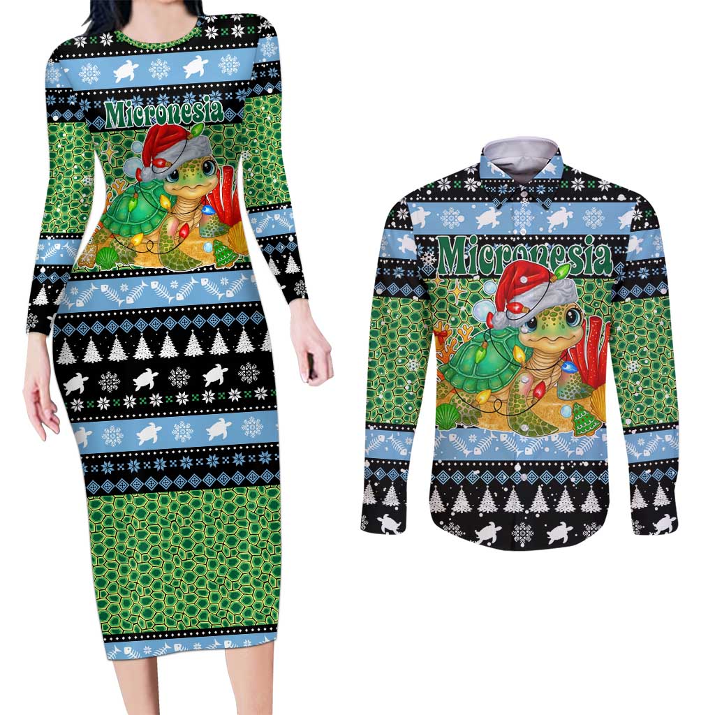 Micronesia Christmas Couples Matching Long Sleeve Bodycon Dress and Long Sleeve Button Shirt with Santa Turtle Coral Reef and Holiday Ocean Pattern - Polynesian Pride