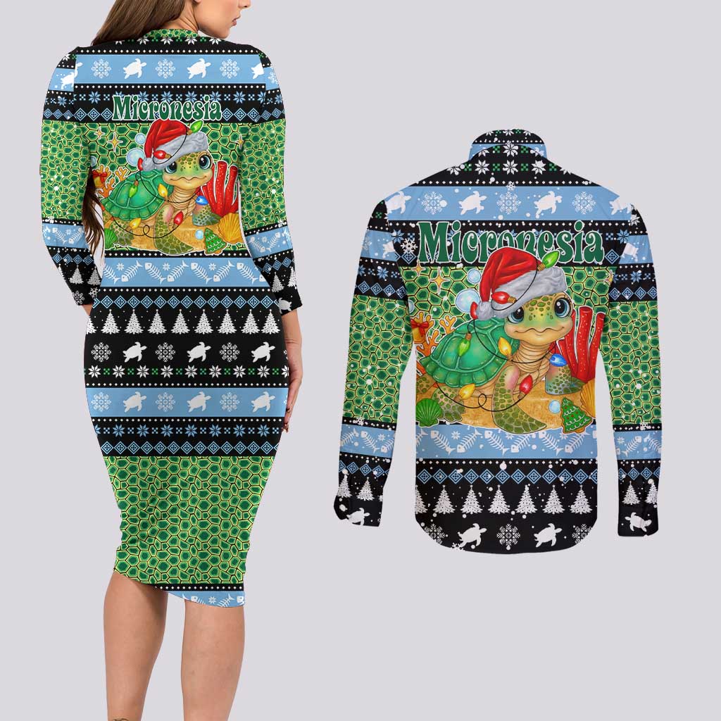 Micronesia Christmas Couples Matching Long Sleeve Bodycon Dress and Long Sleeve Button Shirt with Santa Turtle Coral Reef and Holiday Ocean Pattern - Polynesian Pride