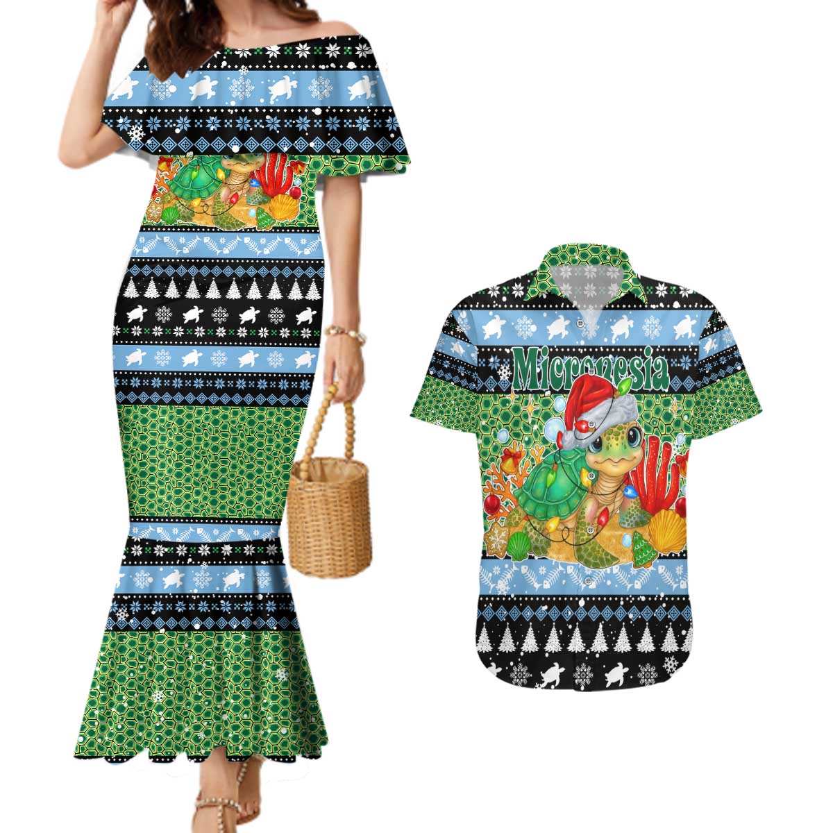 Micronesia Christmas Couples Matching Mermaid Dress and Hawaiian Shirt with Santa Turtle Coral Reef and Holiday Ocean Pattern - Polynesian Pride