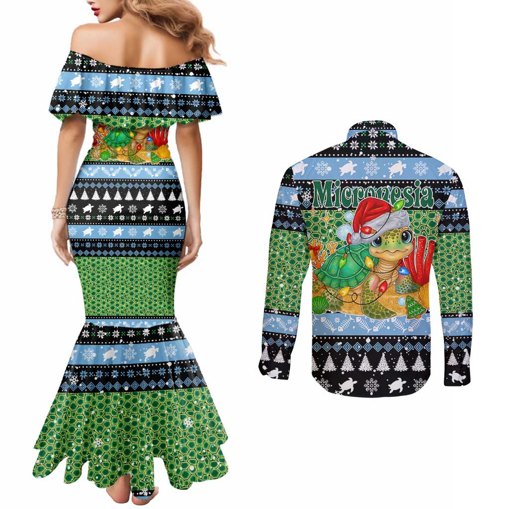 Micronesia Christmas Couples Matching Mermaid Dress and Long Sleeve Button Shirt with Santa Turtle Coral Reef and Holiday Ocean Pattern - Polynesian Pride