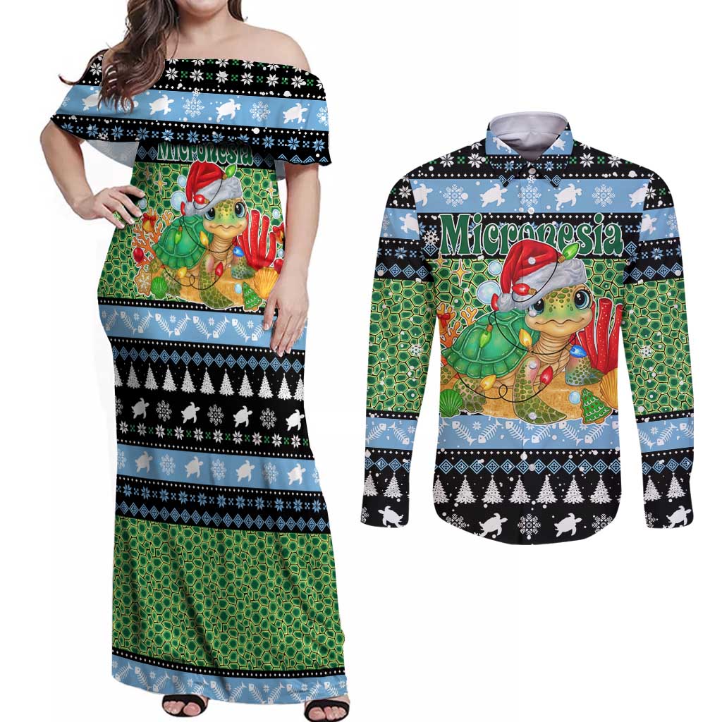 Micronesia Christmas Couples Matching Off Shoulder Maxi Dress and Long Sleeve Button Shirt with Santa Turtle Coral Reef and Holiday Ocean Pattern - Polynesian Pride