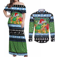 Micronesia Christmas Couples Matching Off Shoulder Maxi Dress and Long Sleeve Button Shirt with Santa Turtle Coral Reef and Holiday Ocean Pattern - Polynesian Pride