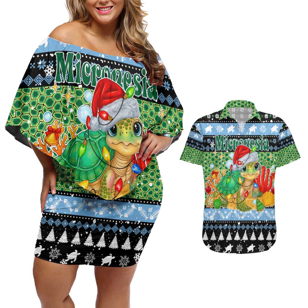Micronesia Christmas Couples Matching Off Shoulder Short Dress and Hawaiian Shirt with Santa Turtle Coral Reef and Holiday Ocean Pattern - Polynesian Pride