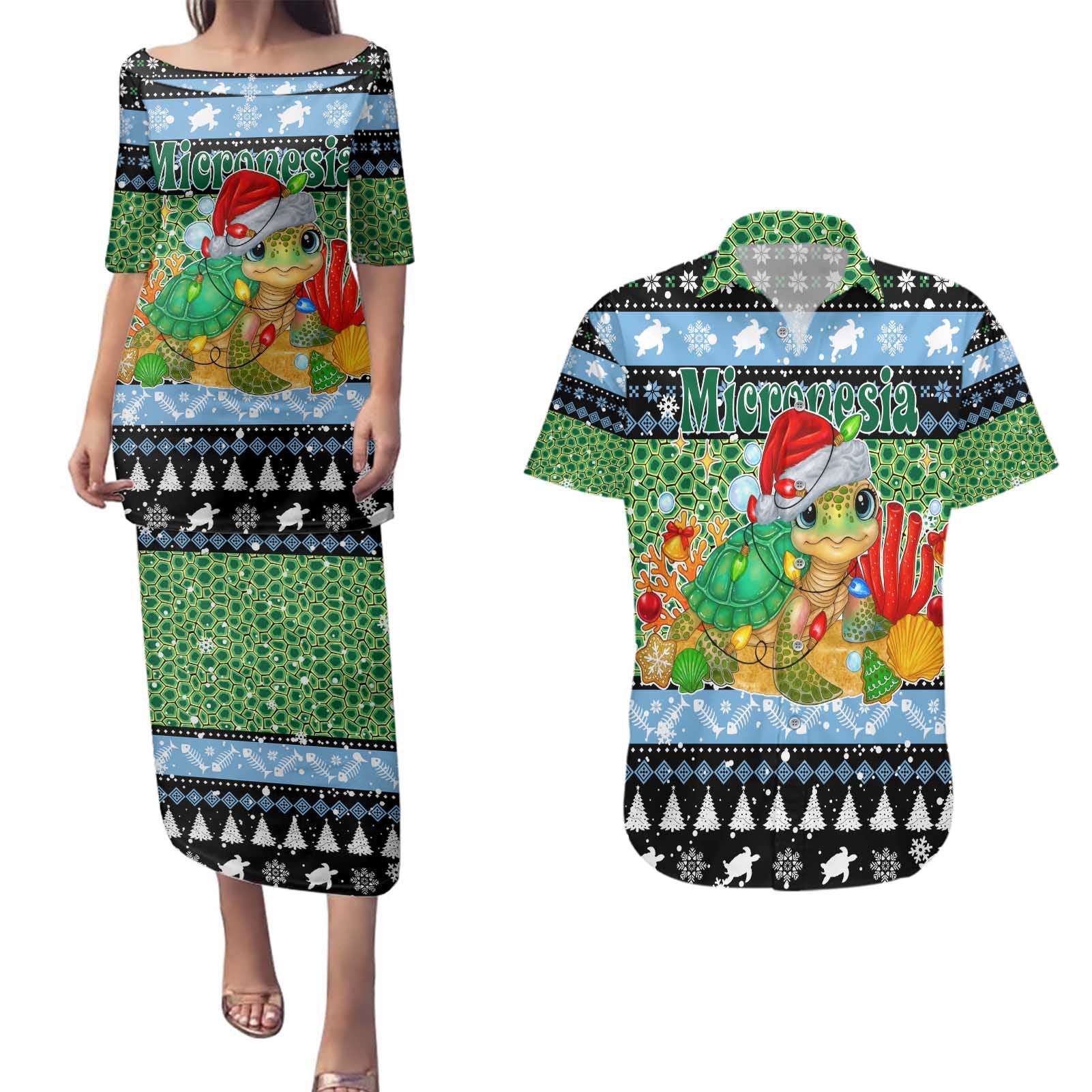 Micronesia Christmas Couples Matching Puletasi and Hawaiian Shirt with Santa Turtle Coral Reef and Holiday Ocean Pattern - Polynesian Pride