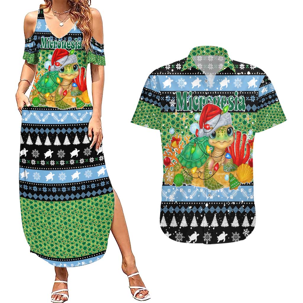 Micronesia Christmas Couples Matching Summer Maxi Dress and Hawaiian Shirt with Santa Turtle Coral Reef and Holiday Ocean Pattern - Polynesian Pride