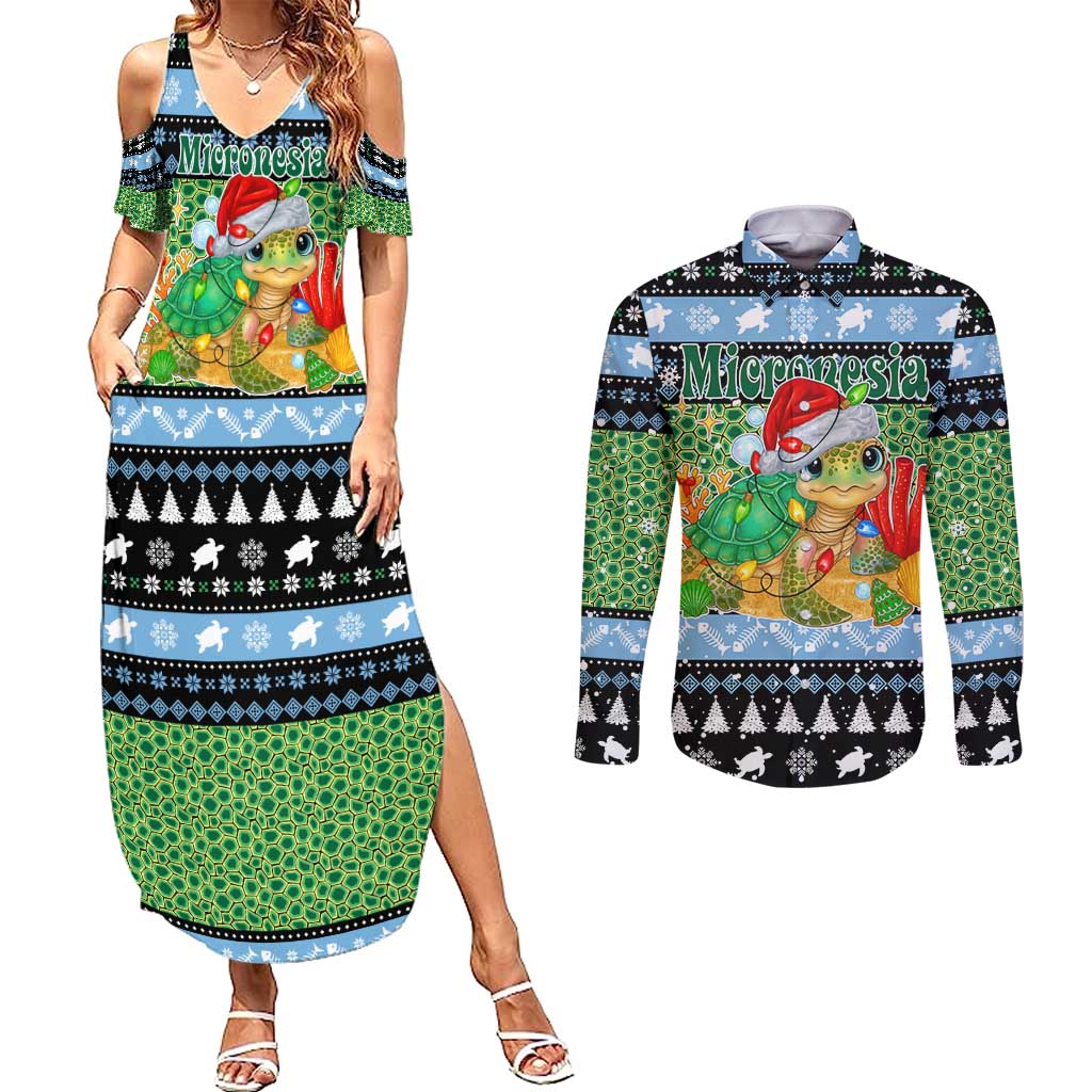 Micronesia Christmas Couples Matching Summer Maxi Dress and Long Sleeve Button Shirt with Santa Turtle Coral Reef and Holiday Ocean Pattern - Polynesian Pride