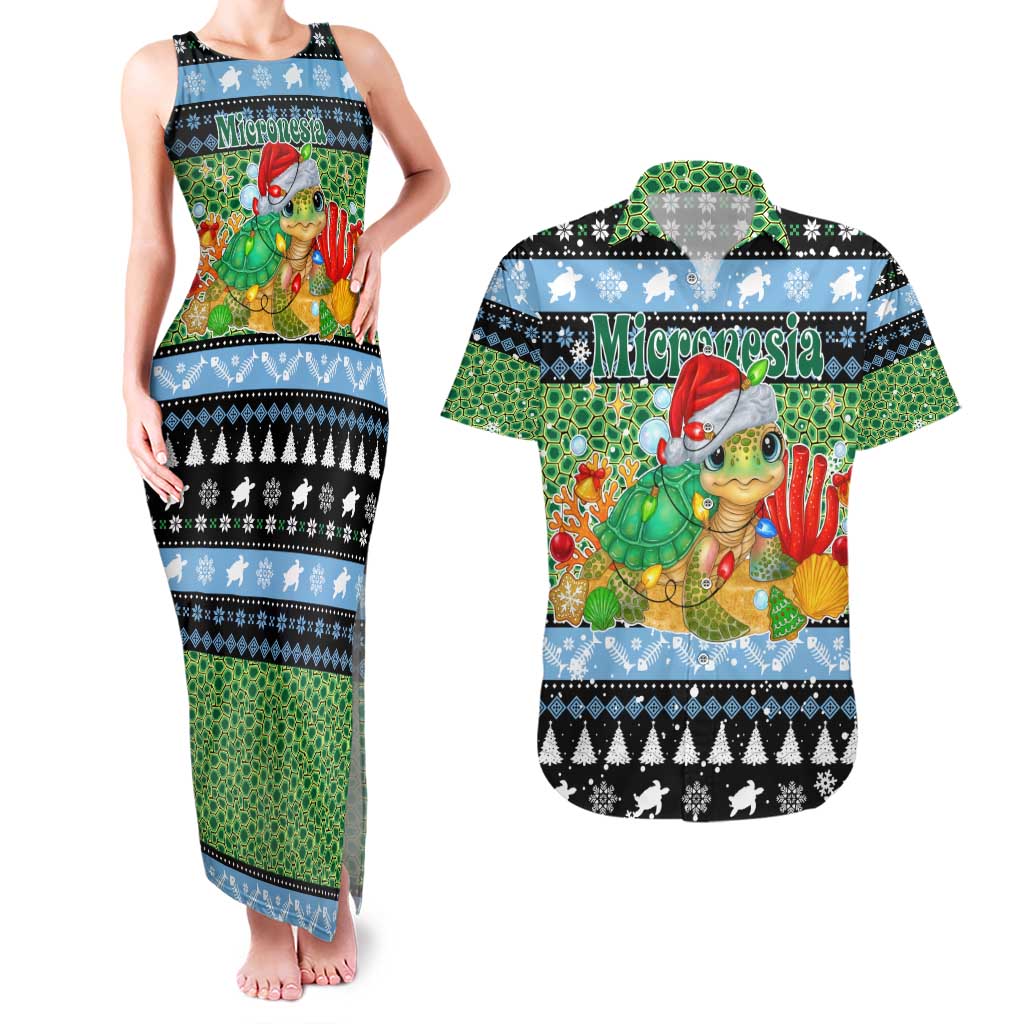 Micronesia Christmas Couples Matching Tank Maxi Dress and Hawaiian Shirt with Santa Turtle Coral Reef and Holiday Ocean Pattern - Polynesian Pride