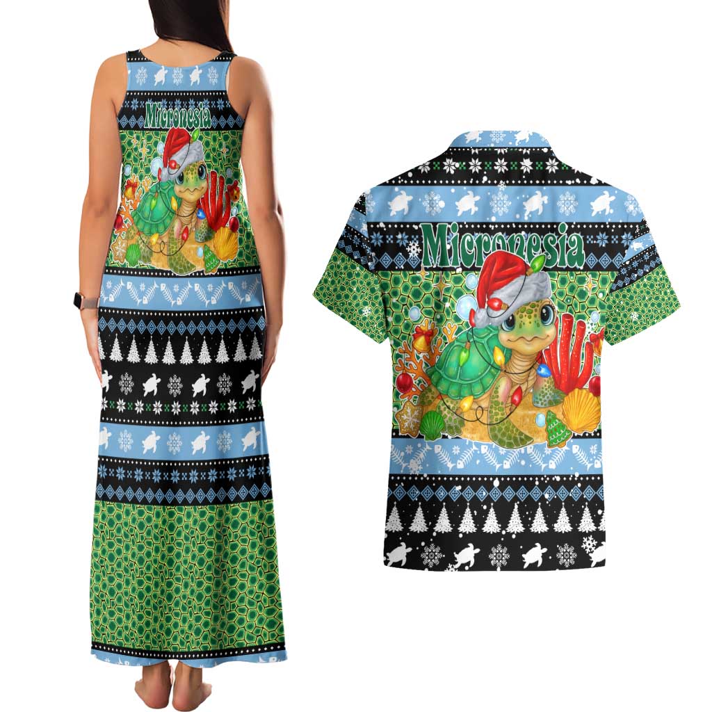 Micronesia Christmas Couples Matching Tank Maxi Dress and Hawaiian Shirt with Santa Turtle Coral Reef and Holiday Ocean Pattern - Polynesian Pride