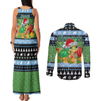 Micronesia Christmas Couples Matching Tank Maxi Dress and Long Sleeve Button Shirt with Santa Turtle Coral Reef and Holiday Ocean Pattern - Polynesian Pride