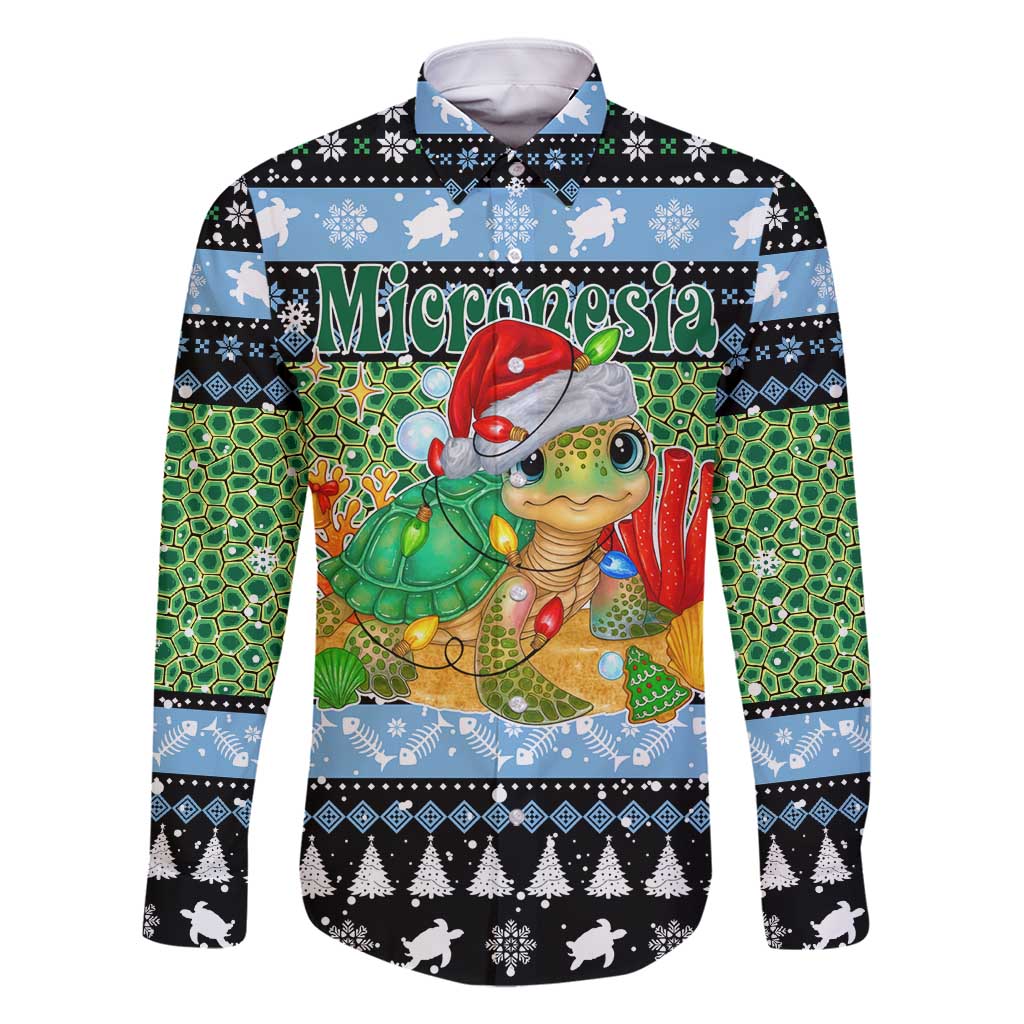 Micronesia Christmas Family Matching Long Sleeve Bodycon Dress and Hawaiian Shirt with Santa Turtle Coral Reef and Holiday Ocean Pattern - Polynesian Pride