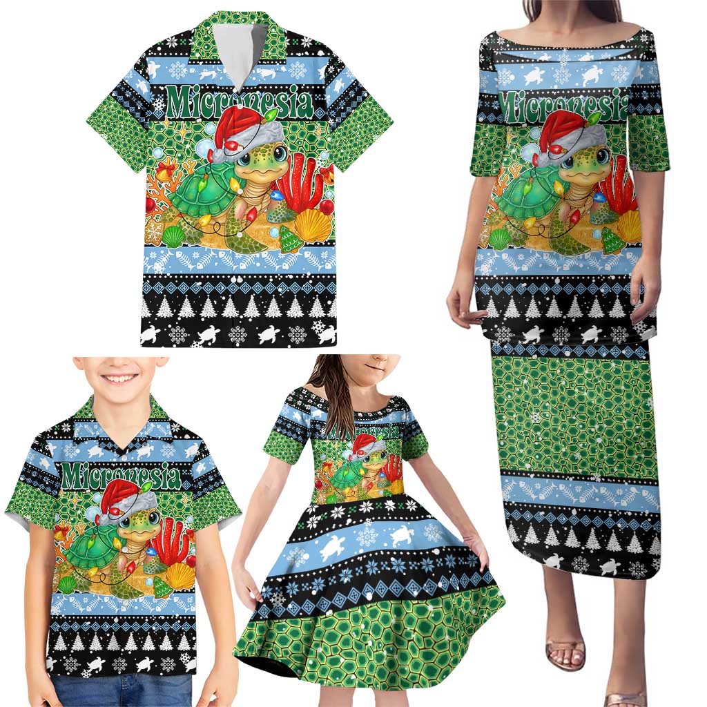 Micronesia Christmas Family Matching Puletasi and Hawaiian Shirt with Santa Turtle Coral Reef and Holiday Ocean Pattern - Polynesian Pride