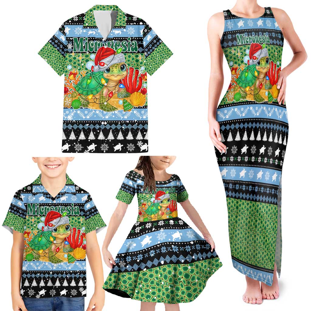 Micronesia Christmas Family Matching Tank Maxi Dress and Hawaiian Shirt with Santa Turtle Coral Reef and Holiday Ocean Pattern - Polynesian Pride