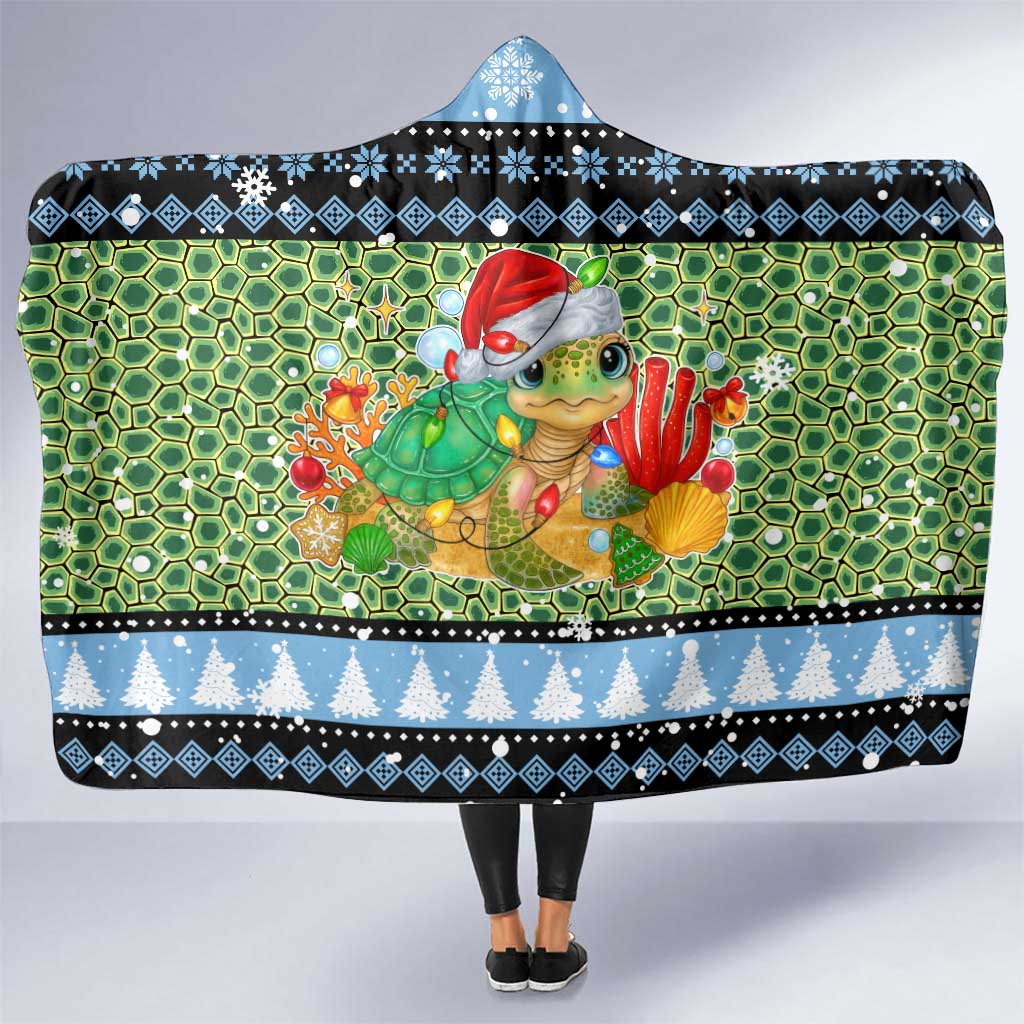 Micronesia Christmas Hooded Blanket with Santa Turtle Coral Reef and Holiday Ocean Pattern - Polynesian Pride