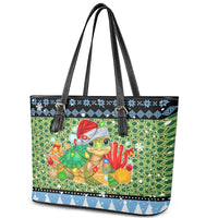 Micronesia Christmas Leather Tote Bag with Santa Turtle Coral Reef and Holiday Ocean Pattern - Polynesian Pride
