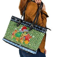 Micronesia Christmas Leather Tote Bag with Santa Turtle Coral Reef and Holiday Ocean Pattern - Polynesian Pride