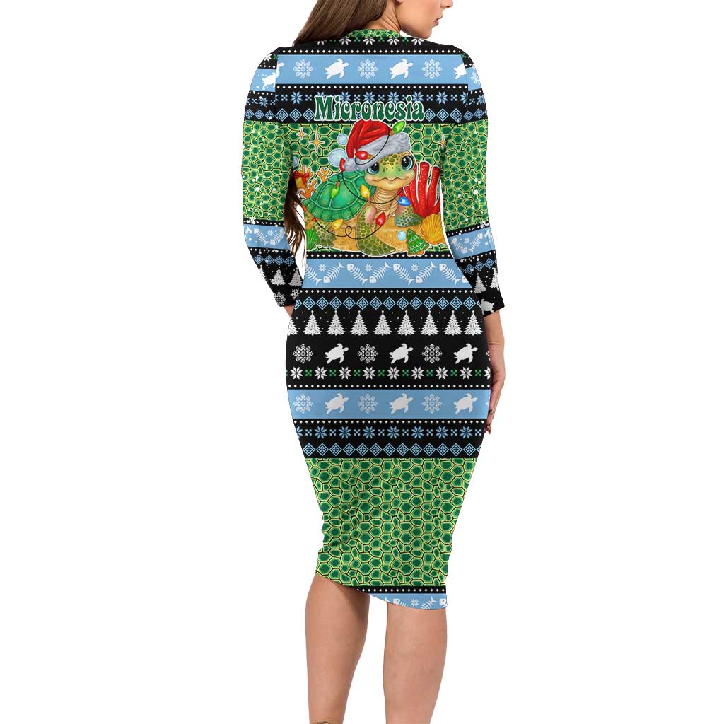 Micronesia Christmas Long Sleeve Bodycon Dress with Santa Turtle Coral Reef and Holiday Ocean Pattern - Polynesian Pride