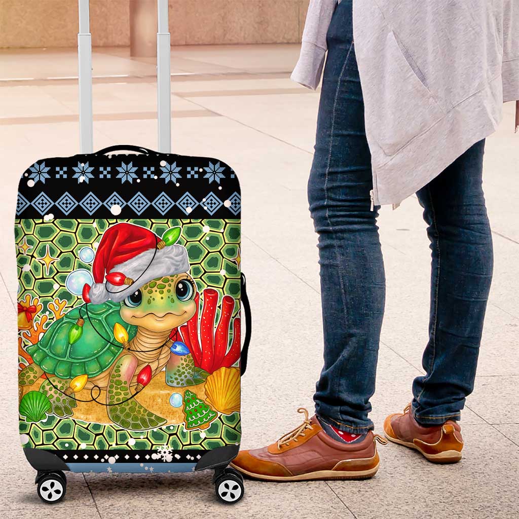 Micronesia Christmas Luggage Cover with Santa Turtle Coral Reef and Holiday Ocean Pattern - Polynesian Pride