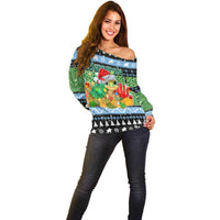 Micronesia Christmas Off Shoulder Sweater with Santa Turtle Coral Reef and Holiday Ocean Pattern - Polynesian Pride