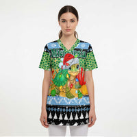 Micronesia Christmas Scrub Top with Santa Turtle Coral Reef and Holiday Ocean Pattern - Polynesian Pride