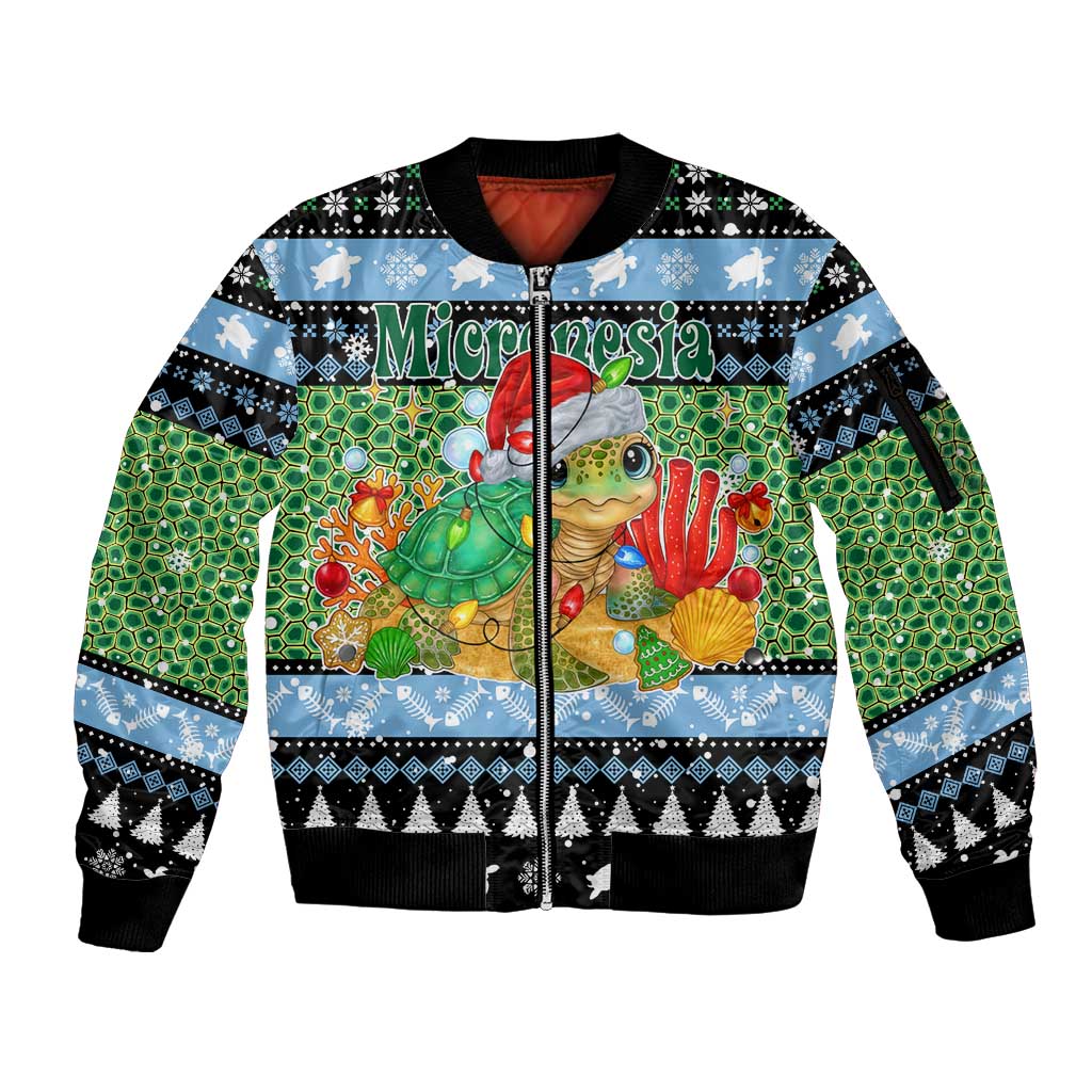 Micronesia Christmas Sleeve Zip Bomber Jacket with Santa Turtle Coral Reef and Holiday Ocean Pattern - Polynesian Pride