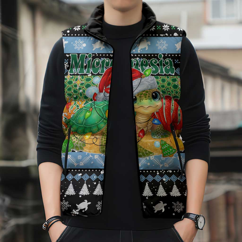 Micronesia Christmas Sleeveless Puffer Jacket with Santa Turtle Coral Reef and Holiday Ocean Pattern - Polynesian Pride