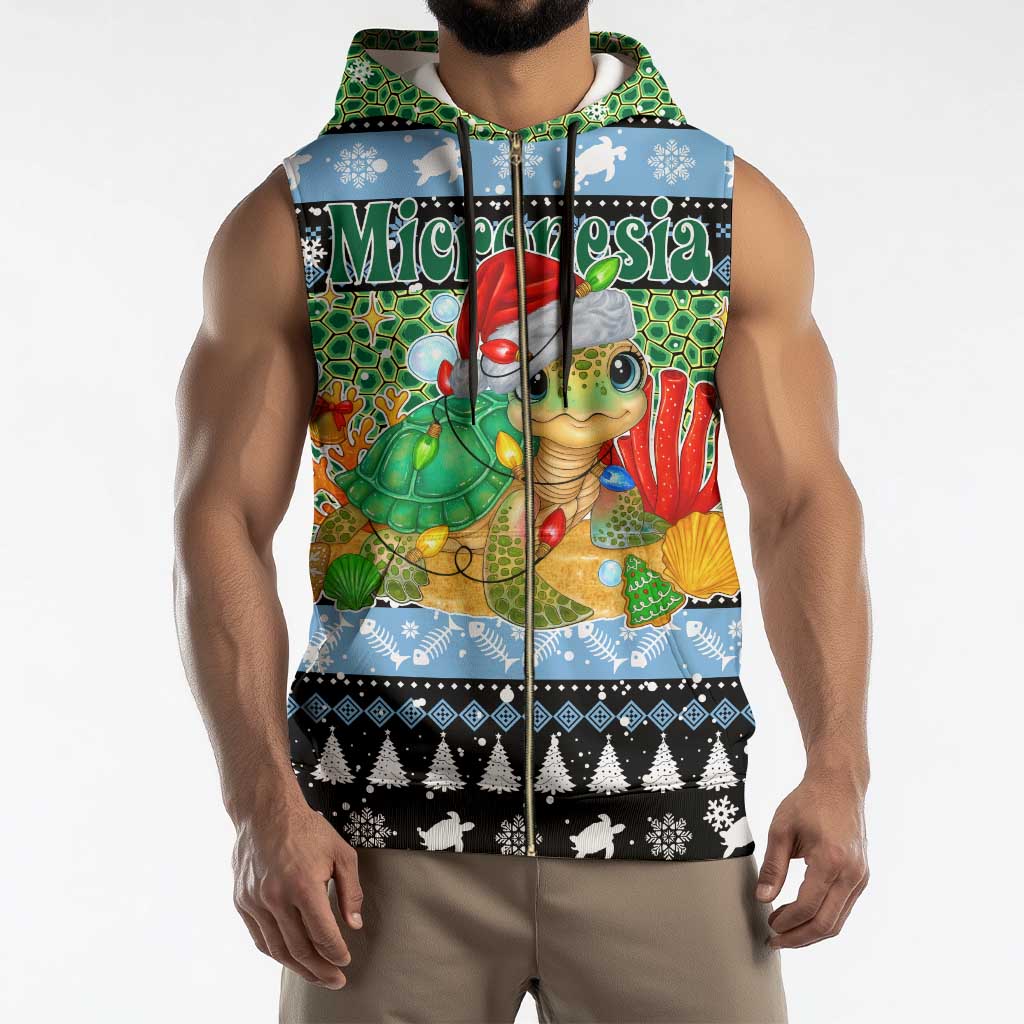 Micronesia Christmas Sleeveless Zip Hoodie with Santa Turtle Coral Reef and Holiday Ocean Pattern - Polynesian Pride