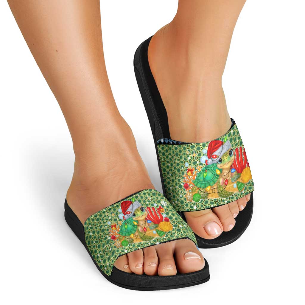Micronesia Christmas Slide Sandals with Santa Turtle Coral Reef and Holiday Ocean Pattern - Polynesian Pride
