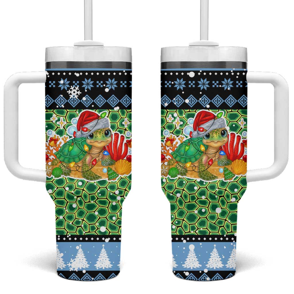 Micronesia Christmas Tumbler With Handle with Santa Turtle Coral Reef and Holiday Ocean Pattern - Polynesian Pride