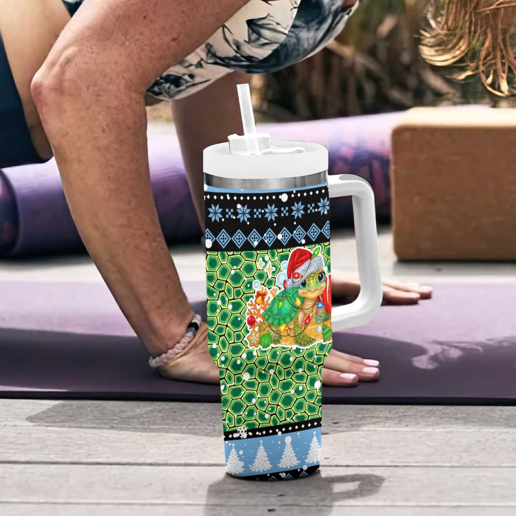 Micronesia Christmas Tumbler With Handle with Santa Turtle Coral Reef and Holiday Ocean Pattern - Polynesian Pride