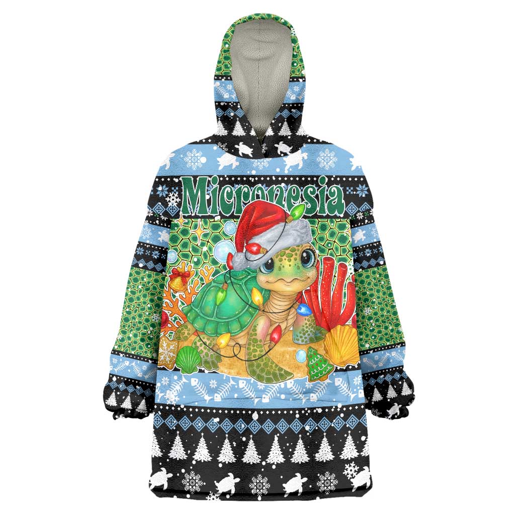 Micronesia Christmas Wearable Blanket Hoodie with Santa Turtle Coral Reef and Holiday Ocean Pattern - Polynesian Pride