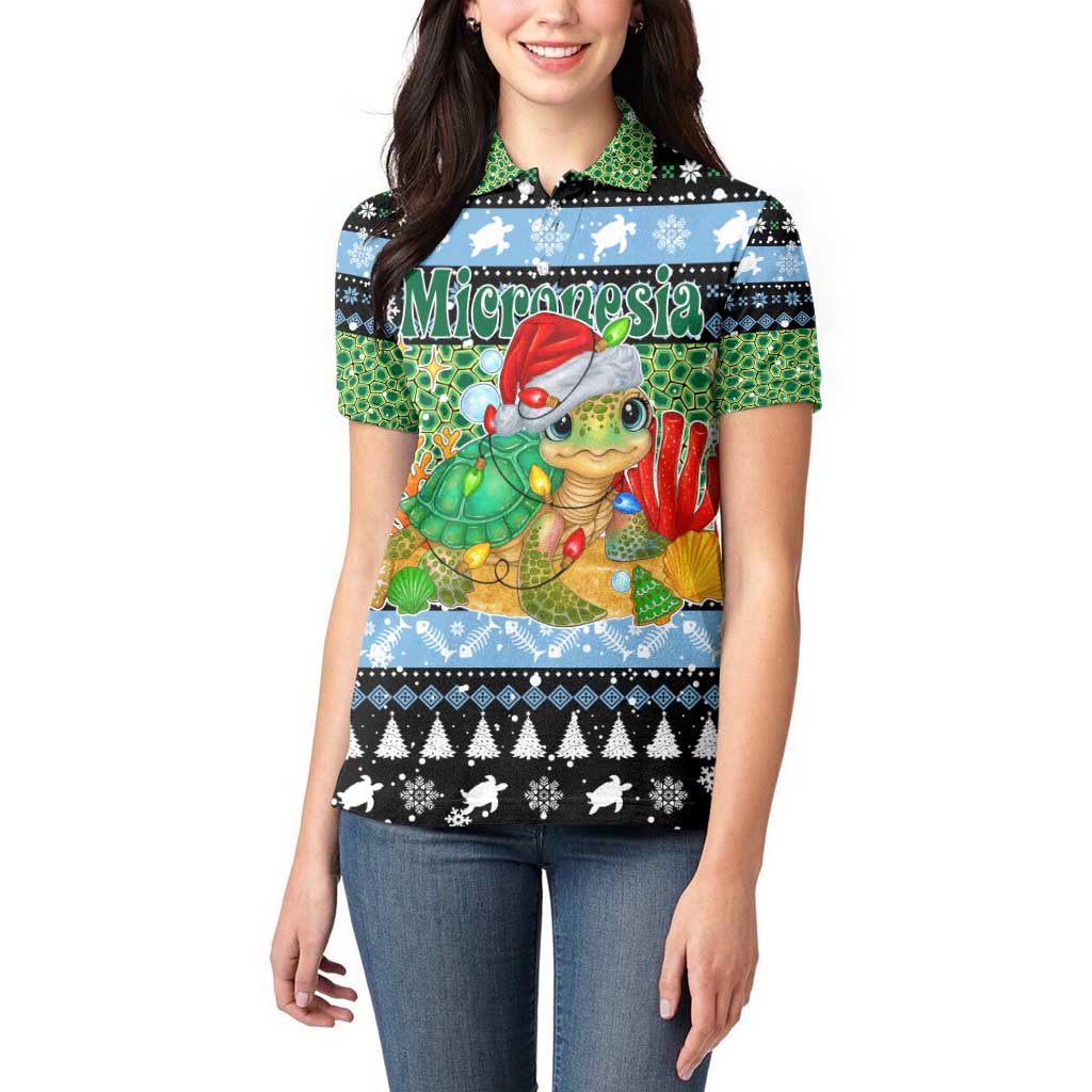 Micronesia Christmas Women Polo Shirt with Santa Turtle Coral Reef and Holiday Ocean Pattern - Polynesian Pride
