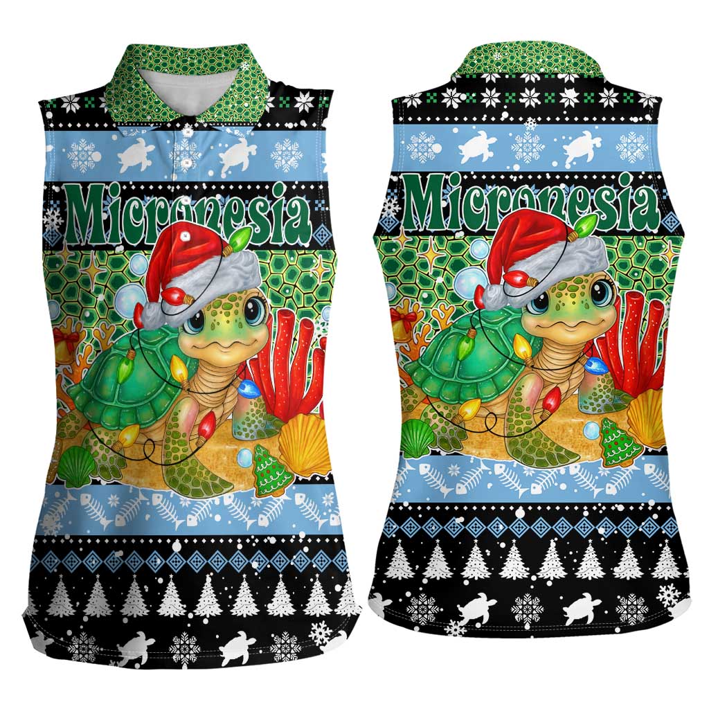 Micronesia Christmas Women Sleeveless Polo Shirt with Santa Turtle Coral Reef and Holiday Ocean Pattern - Polynesian Pride