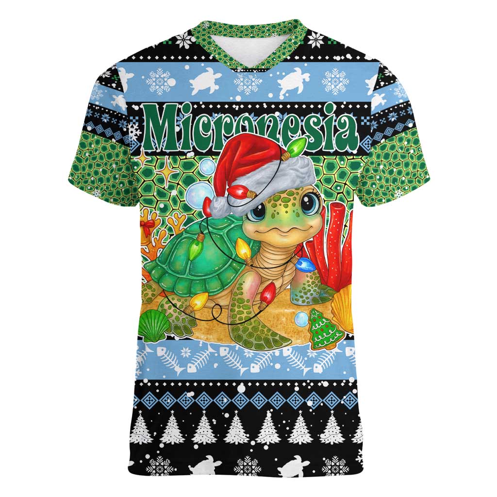 Micronesia Christmas Women V-Neck T-Shirt with Santa Turtle Coral Reef and Holiday Ocean Pattern - Polynesian Pride