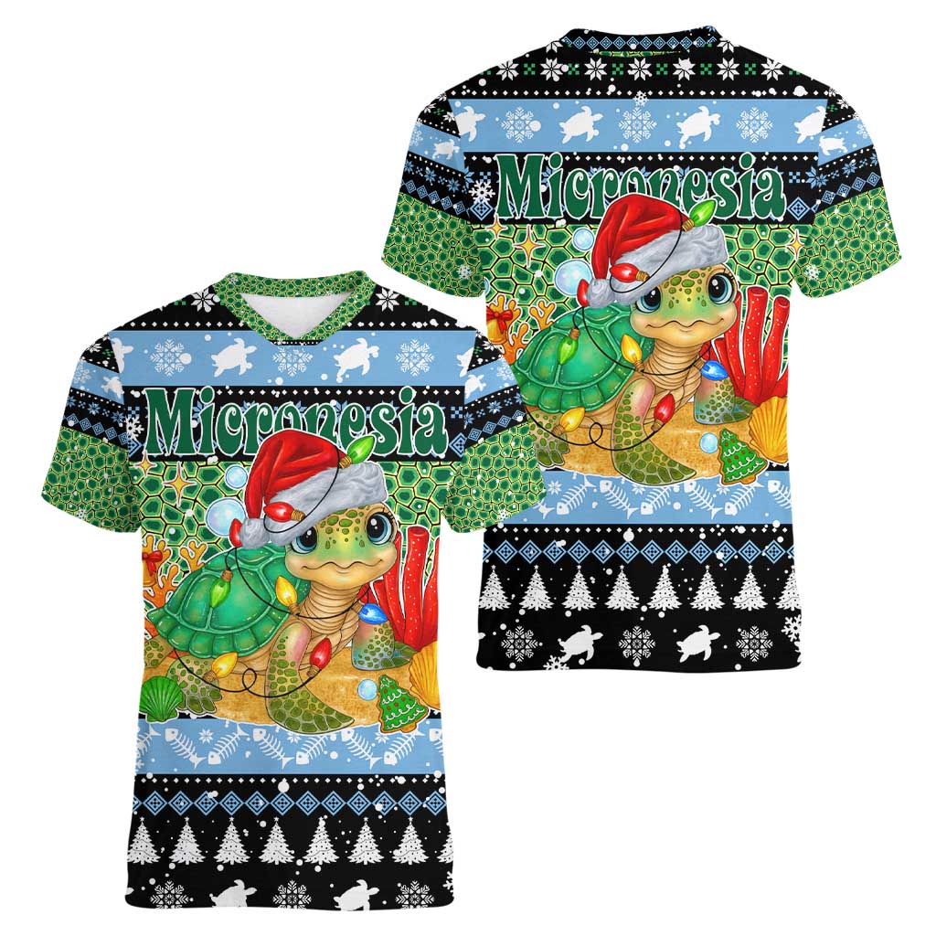 Micronesia Christmas Women V-Neck T-Shirt with Santa Turtle Coral Reef and Holiday Ocean Pattern - Polynesian Pride