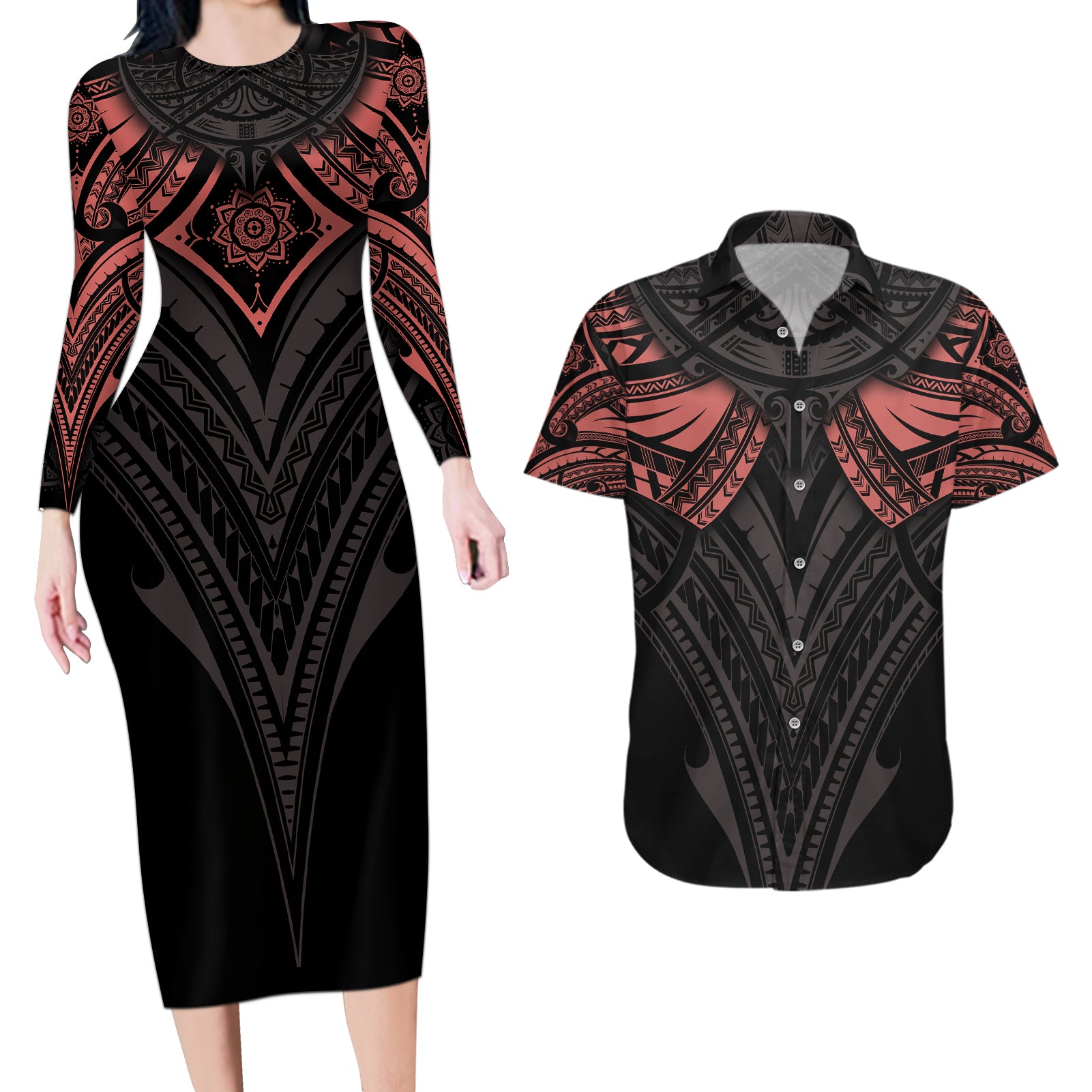 Feminine Polynesian Couples Matching Long Sleeve Bodycon Dress and Hawaiian Shirt Mandala Tattoo Style TS04 Black - Polynesian Pride
