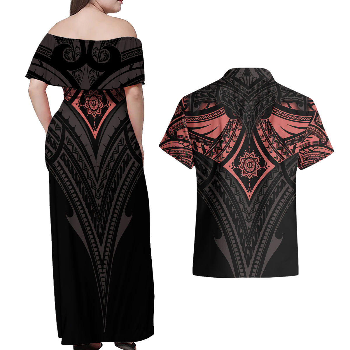 Feminine Polynesian Couples Matching Off Shoulder Maxi Dress and Hawaiian Shirt Mandala Tattoo Style TS04 - Polynesian Pride