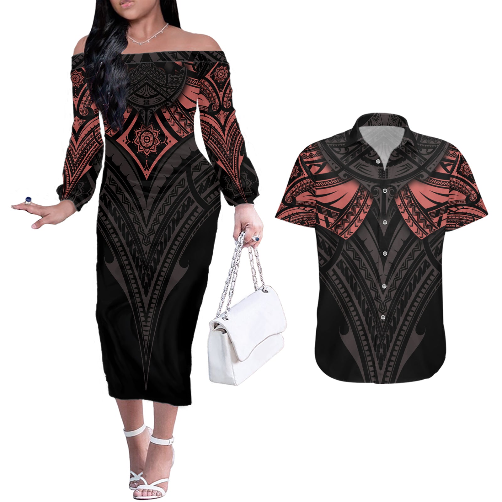 Feminine Polynesian Couples Matching Off The Shoulder Long Sleeve Dress and Hawaiian Shirt Mandala Tattoo Style TS04 Black - Polynesian Pride