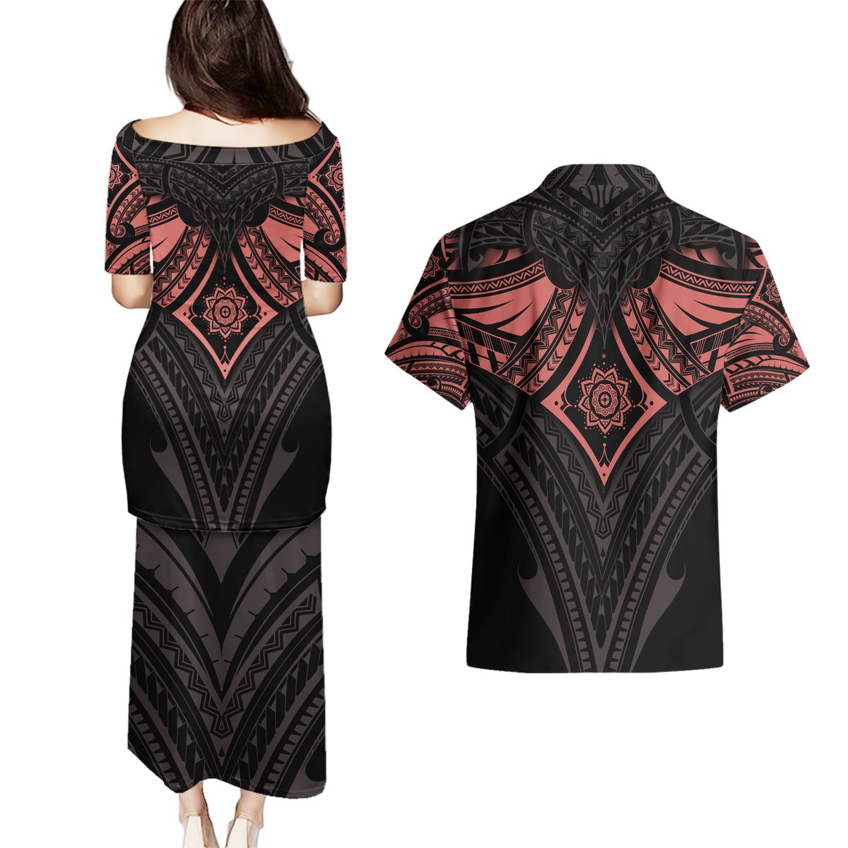 Feminine Polynesian Couples Matching Puletasi Dress and Hawaiian Shirt Mandala Tattoo Style TS04 - Polynesian Pride