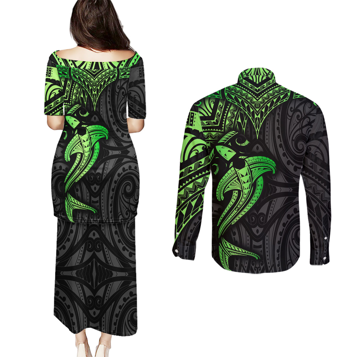 Polynesian Couples Matching Puletasi Dress and Long Sleeve Button Shirts Hammerhead Shark Tribal Pattern Black Green Version TS04 - Polynesian Pride