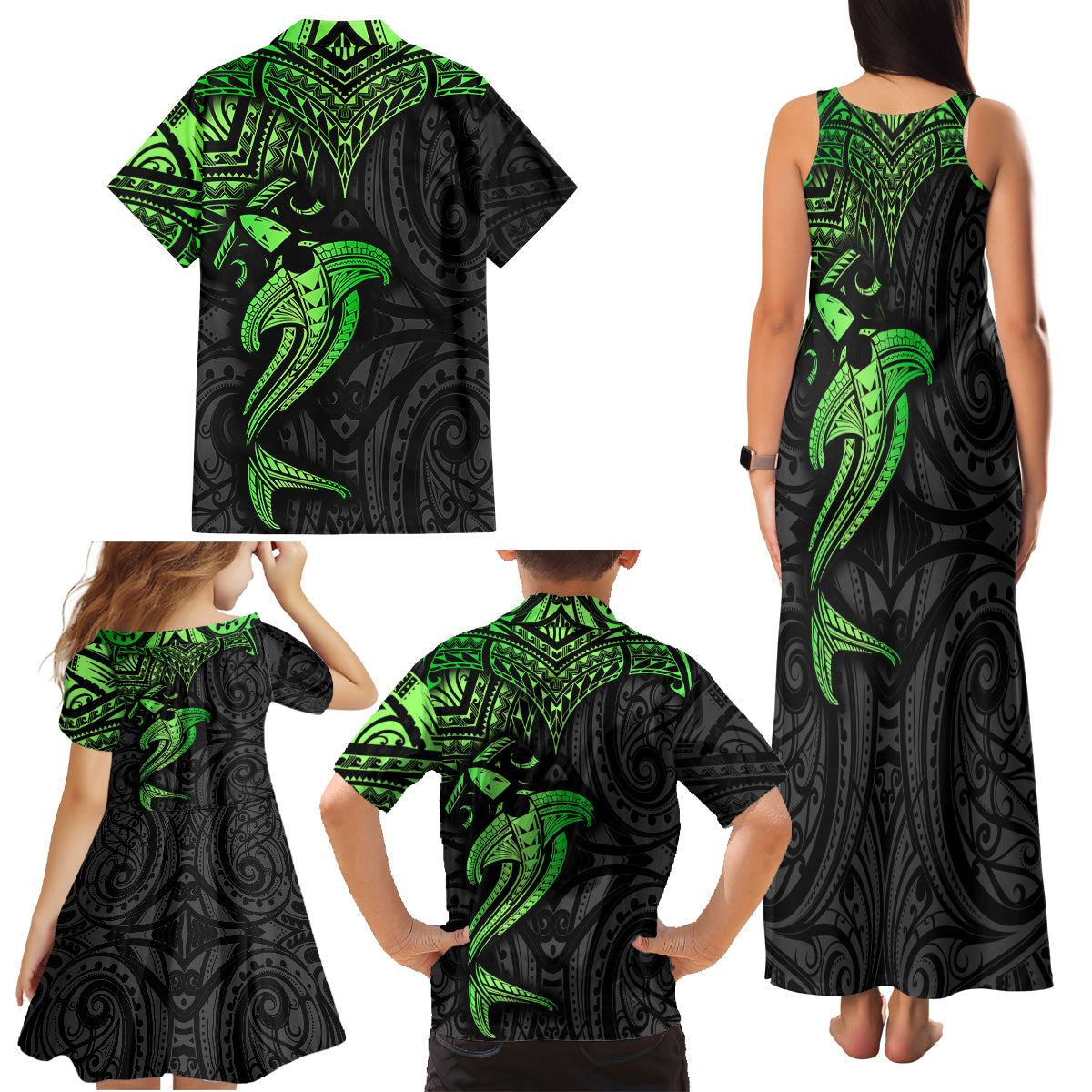 Polynesian Family Matching Tank Maxi Dress and Hawaiian Shirt Hammerhead Shark Tribal Pattern Black Green Version TS04 - Polynesian Pride